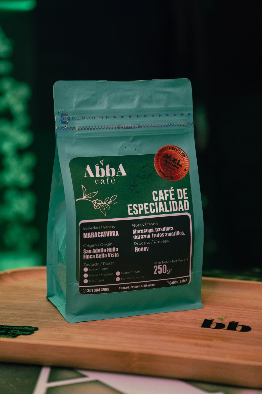 Bolsa AbbA Café de Especialidad — variedad Maracaturra, proceso honey, de San Adolfo, Huila